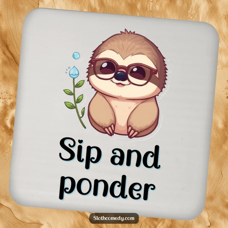 Funny drink coaster with a sloth wearing glasses, observing a dewdrop, stylish and humorous.