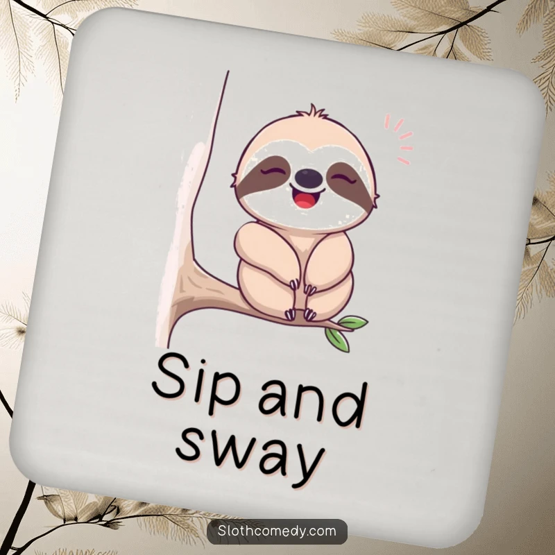 Funny drink coaster depicting a content sloth sighing happily while swaying, perfect for adding humorous relaxation to any table.