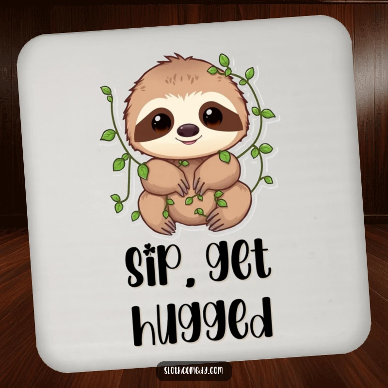 Funny Drink Coaster featuring a sloth with small vines playfully wrapped around its limbs, adding a touch of natural whimsy to any table.