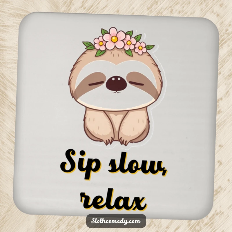 Funny drink coaster featuring a sleepy sloth wearing a flower crown, adding a touch of serene humor to your tabletop, a funny gift.