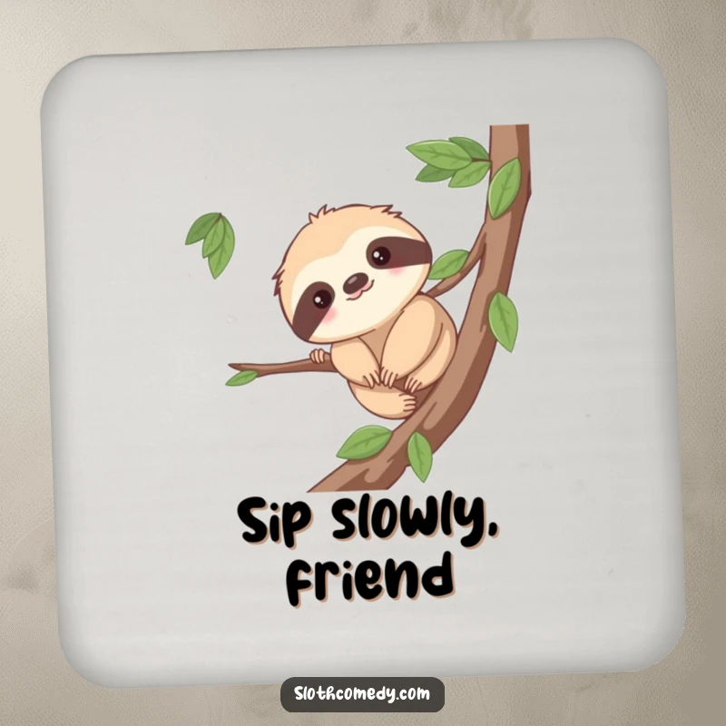 Funny drink coaster with a cute sloth character inching along a branch, offering protection with a dose of slow and steady humor.