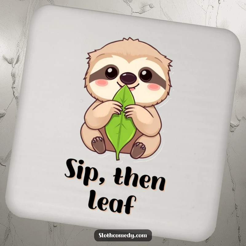 Funny kawaii sloth holding a single leaf with intense focus on a drink coaster, for humorous surface protection.
