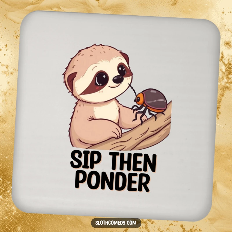 Funny drink coaster featuring a sloth observing a slow beetle, protecting surfaces with a touch of whimsical humor.