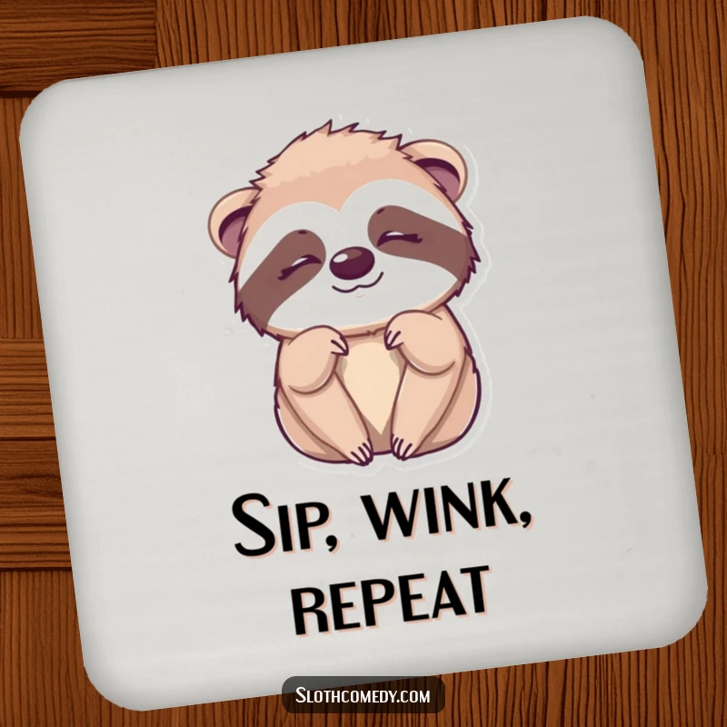 Funny Kawaii Sloth Wink Coasters showing a cute sloth giving a sleepy wink, protecting surfaces with humor and charm.