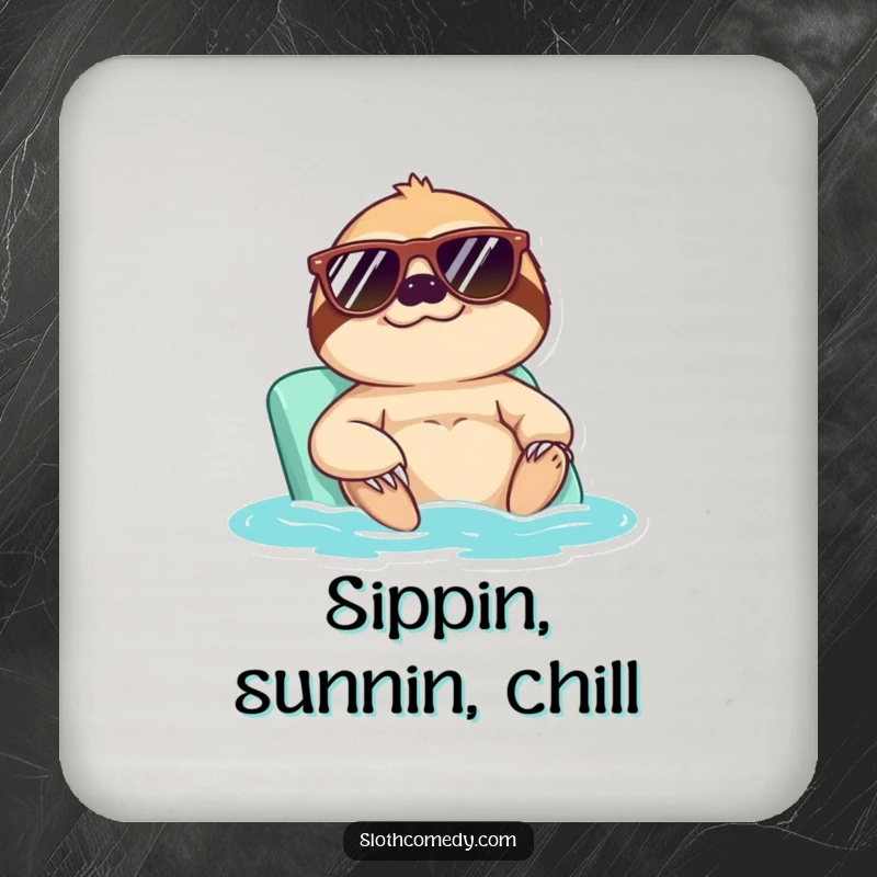 Funny drink coaster depicting a sloth in sunglasses enjoying a sunbath, perfect for adding humorous cool to any table.