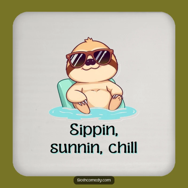 Funny Cool Sloth Sunbath Coaster: Sunglasses Sloth Drink Decor