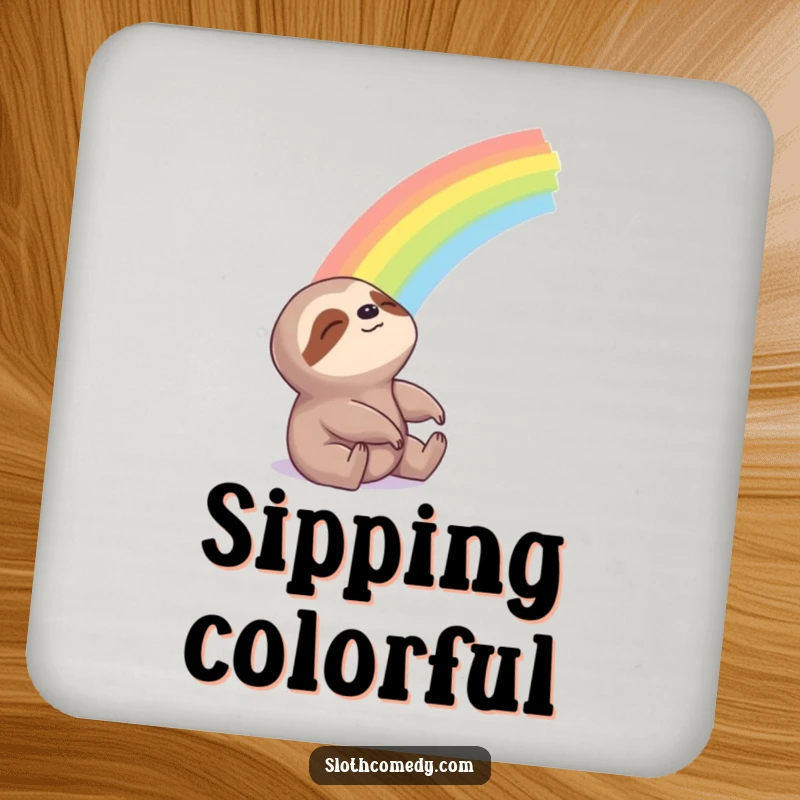 Funny Drink Coaster with a sloth looking blissfully at a beautiful rainbow, adding hopeful charm and protection.