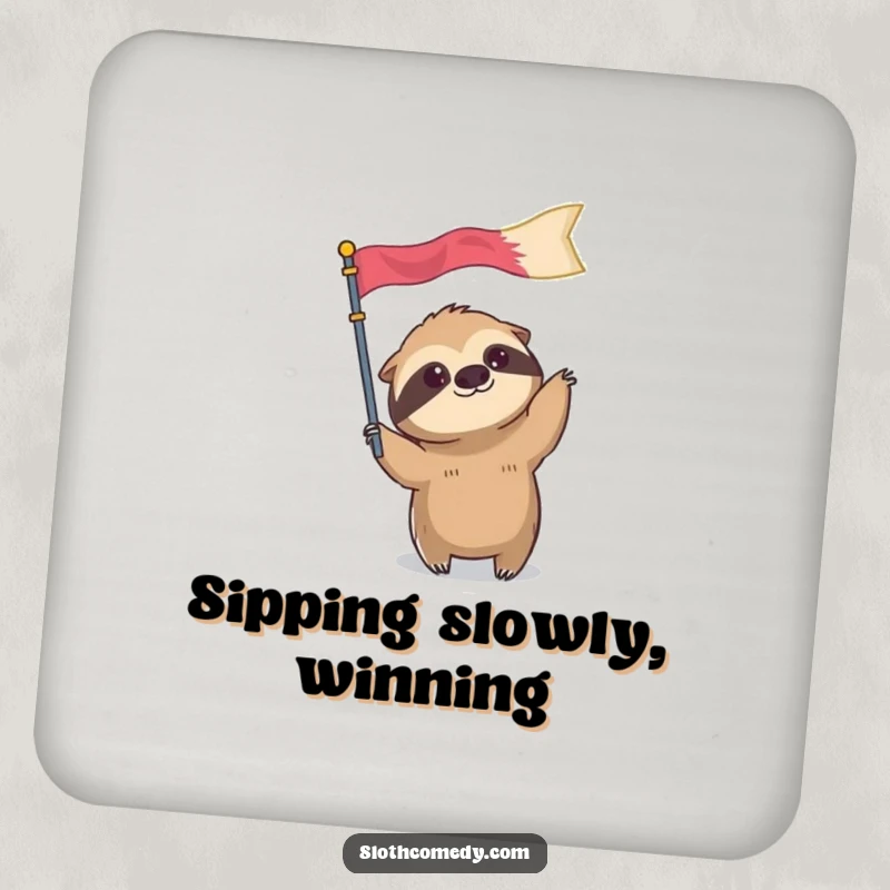 Funny drink coasters featuring a sloth character slowly waving an oversized flag, adding a humorous and relaxed touch to tables.