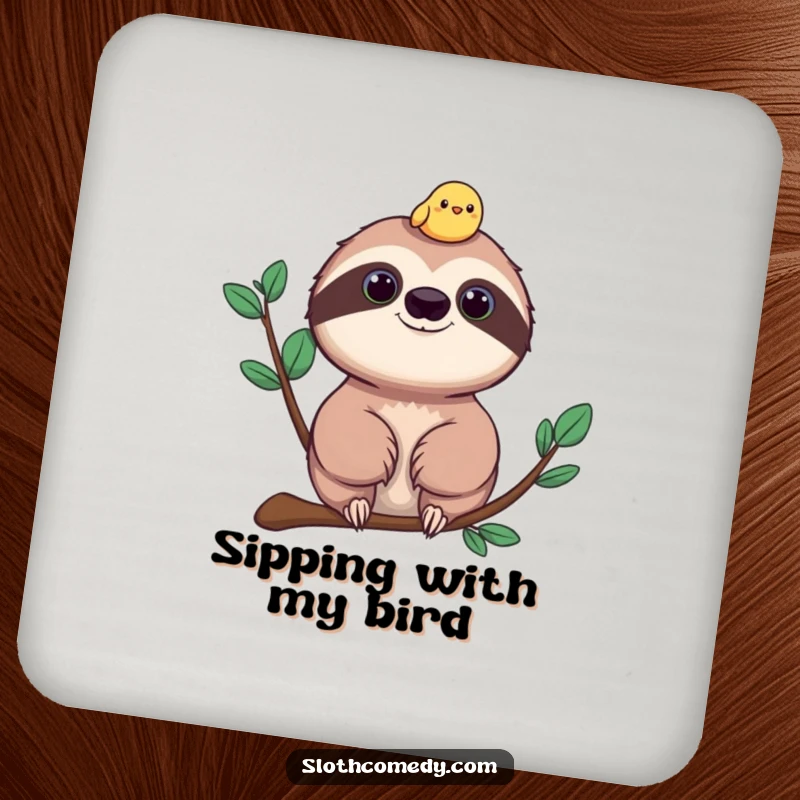 Funny sloth and bird drink coaster, featuring a sloth with a cheerful bird on its head, protecting tables with charm.
