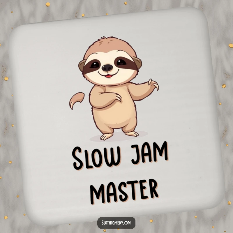 Funny drink coaster featuring a sloth doing a slow dance, adding a humorous touch to any tabletop.