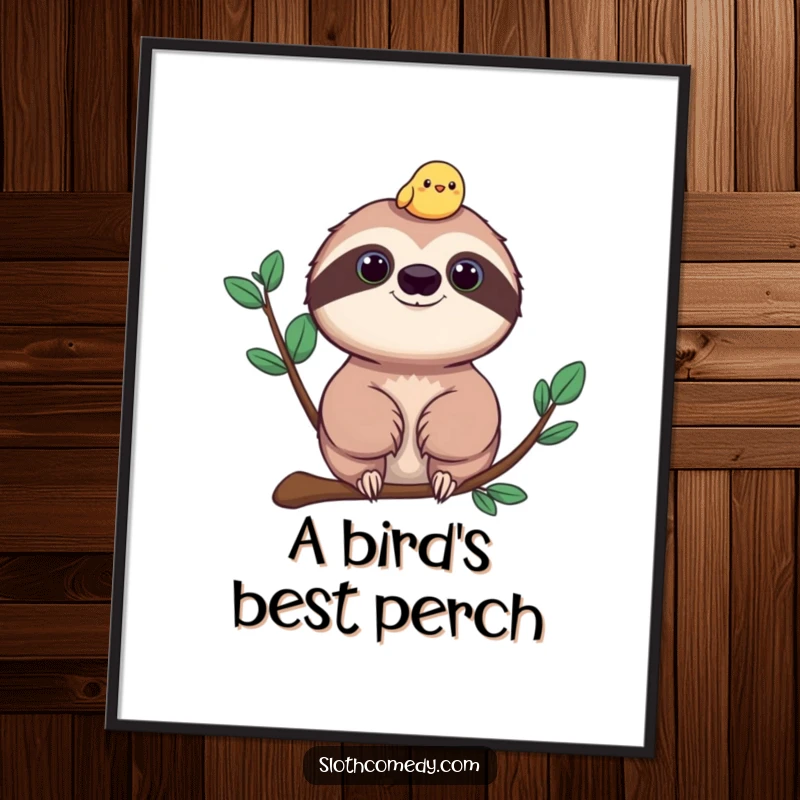 Funny sloth and bird poster, a delightful artwork depicting a relaxed sloth with a tiny, cheerful bird on its head.
