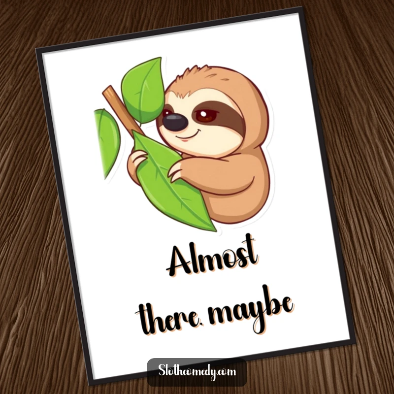 Funny poster featuring a sloth with one eye open, slowly reaching for a leaf, symbolizing effort and patience, a humorous art piece, a funny gift.