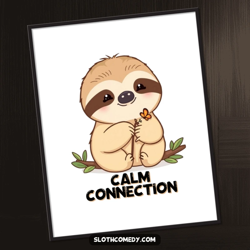 Funny Poster depicting a kawaii sloth gently allowing a tiny butterfly to rest on its paw, symbolizing peace and natural beauty.