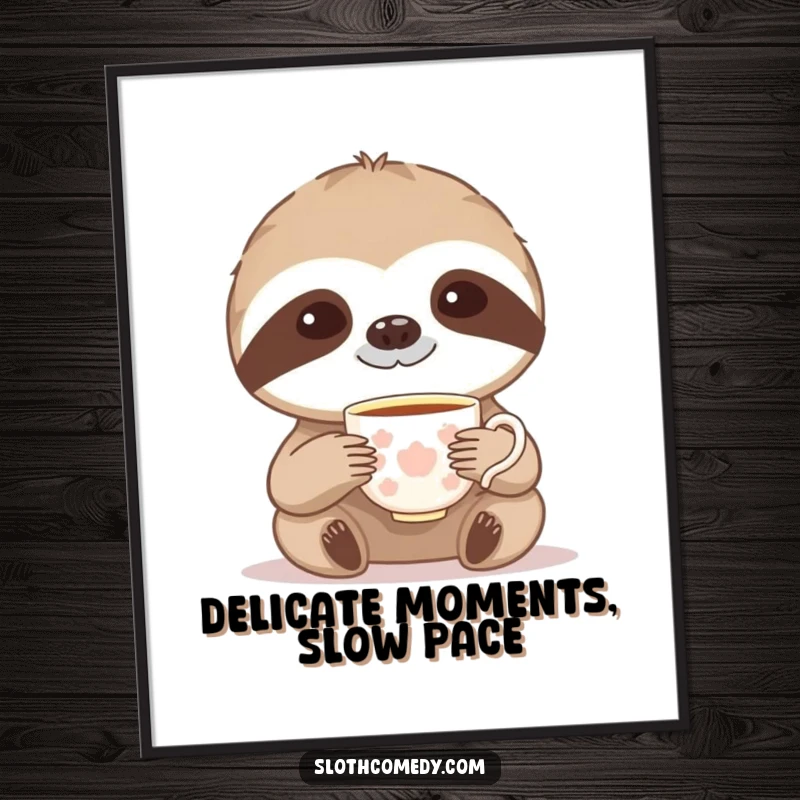 Funny poster depicting a sloth gracefully lifting a tiny teacup, showcasing slow, elegant, and humorous tea time.