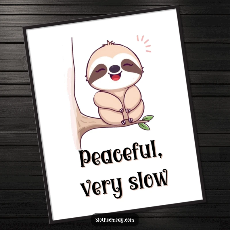 Funny poster print of a sloth sighing contentedly while swaying, embodying peace, happiness, and gentle movement humorously.