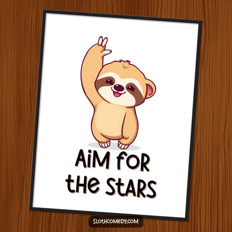 Funny Kawaii Sloth Poster: Artistic print of a sloth dramatically stretching one arm upwards, embodying humorous ambition, perfect wall art.