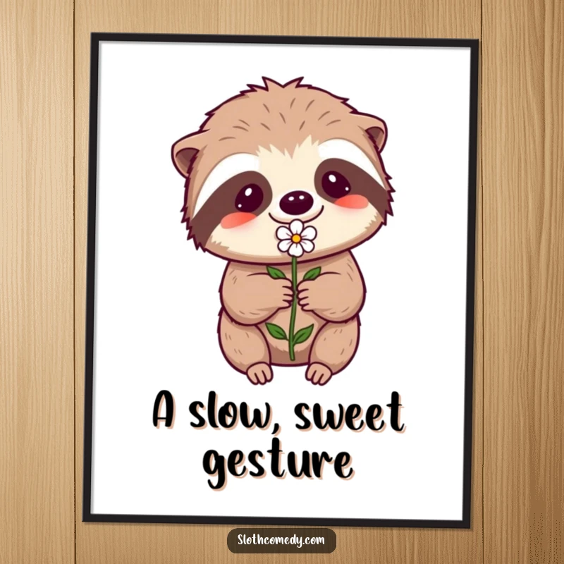 Funny Kawaii Sloth Poster: A sloth expends great effort to offer a small flower, symbolizing humorous dedication.
