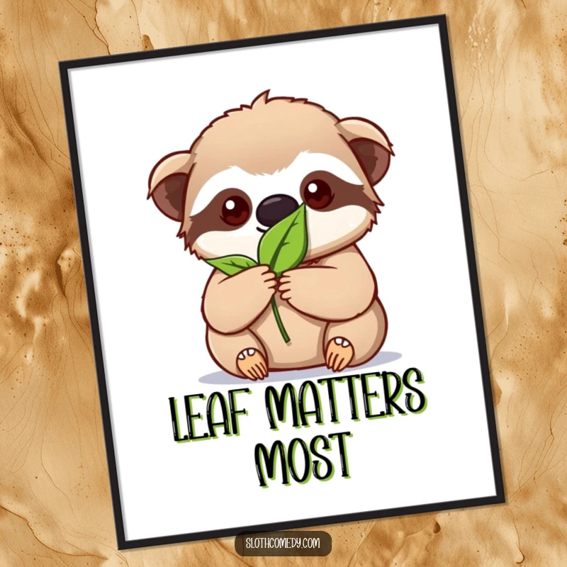 Funny kawaii sloth poster showing intense focus on holding a single leaf, symbolizing dedication and mindful effort.