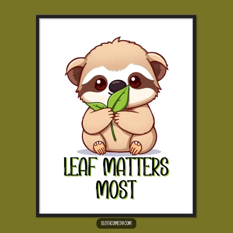Funny Kawaii Sloth Poster: Intense Leaf Focus Art, Determination Print, Gift Idea