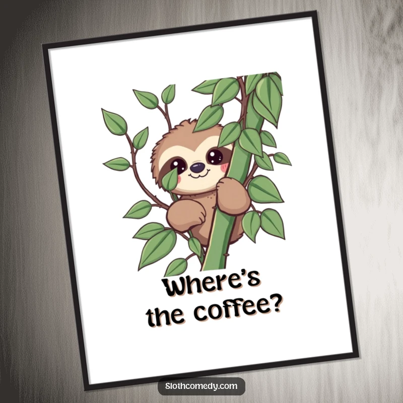 Funny kawaii sloth poster featuring a sloth peeking from behind a vine, adding playful and humorous art to any room.