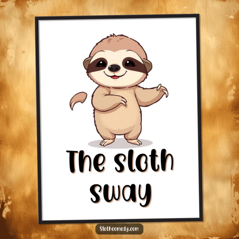 Funny poster of a sloth attempting a slow, deliberate dance, capturing a humorous and endearing moment of movement.