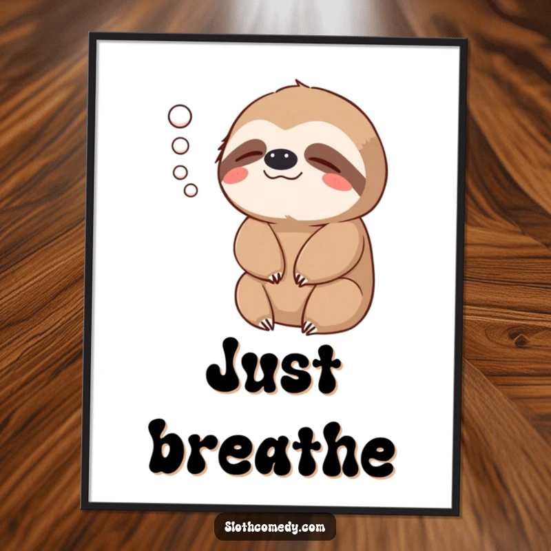 Funny Poster: A sloth emits a gentle puff of air, representing a contented exhale, serene wall art.