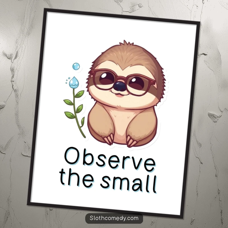Funny poster of a sloth wearing eyeglasses, looking intently at a dewdrop, capturing a moment of quiet contemplation.