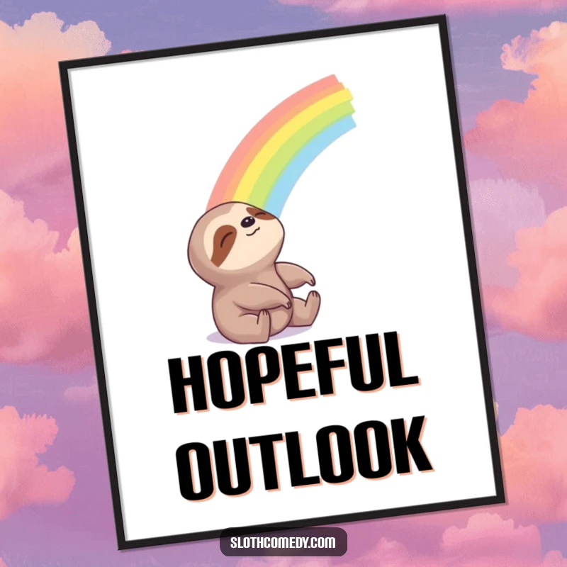 Funny Poster of a sloth looking blissfully at a beautiful rainbow, a symbol of hope and serene joy.