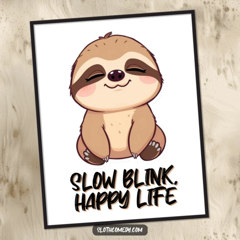 Funny Poster featuring a sloth with a comically slow blink, eyes half-closed, conveying profound contentment and a relaxed demeanor.