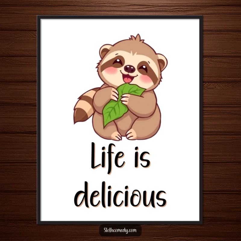 Funny Poster: Kawaii sloth joyfully munching on a leaf, bringing a sense of happiness and contentment to wall art.