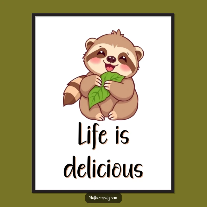 Funny Kawaii Sloth Leaf Munching Art Poster - Cheerful Decor Gift