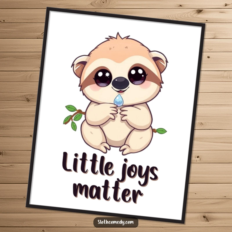 Magical poster print of a sloth with radiant, sparkling eyes, delicately holding a single dewdrop, creating an aura of enchantment.