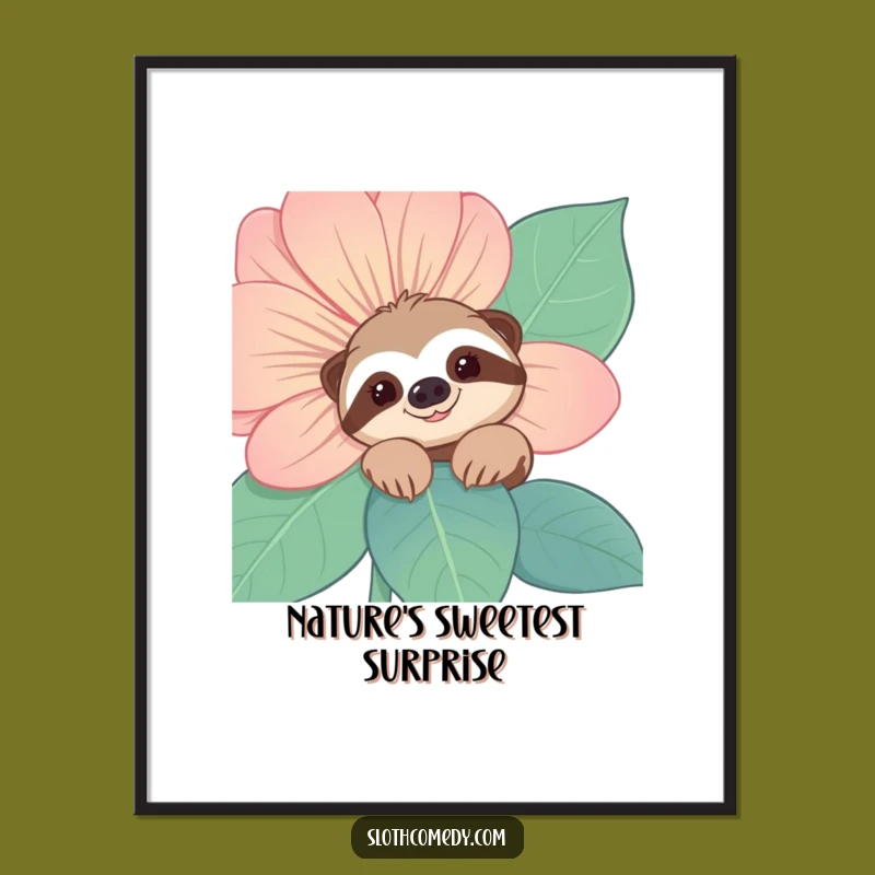 Funny Sloth Poster: Flower Peek Art, Shy Greeting, Ideal Funny Gift!