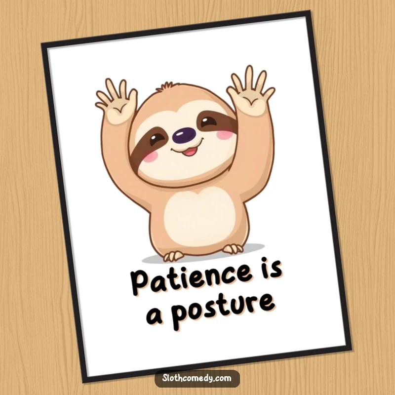 Funny kawaii sloth poster featuring a cute sloth's slow, deliberate, funny wave, perfect for adding whimsical humor to home decor.