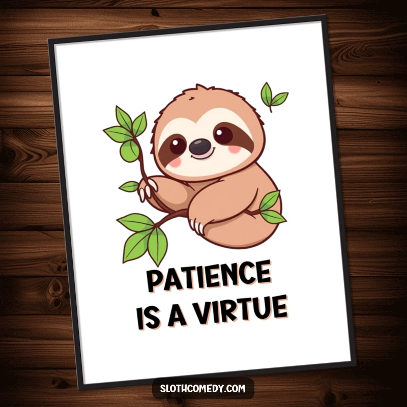 Funny Poster: Kawaii sloth with a smile slowly extending a branch, adding a touch of gentle humor to wall decor.