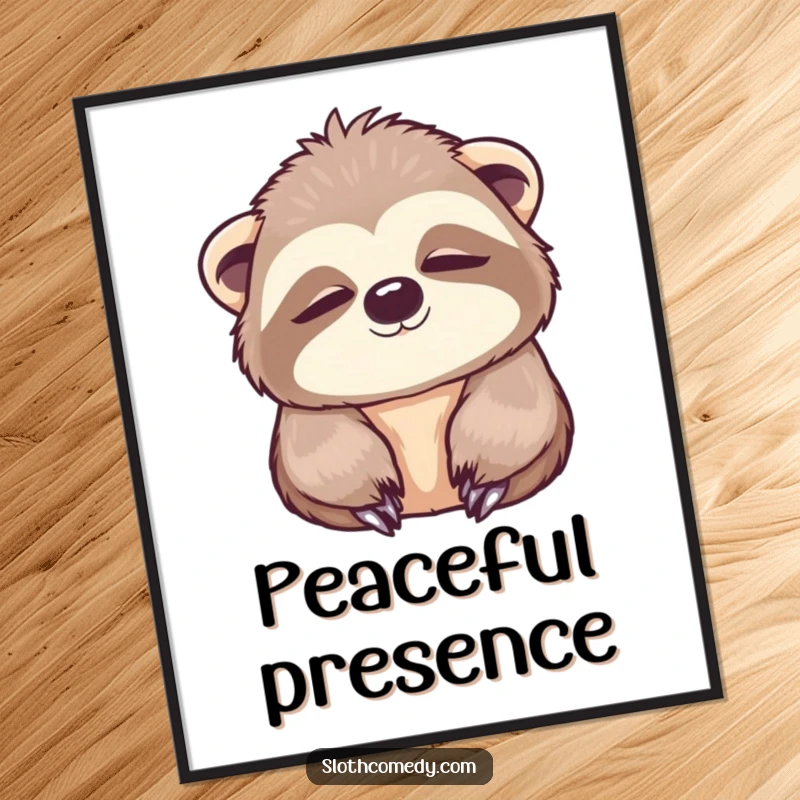 Funny Poster depicting a kawaii sloth slowly blinking with wide, peaceful eyes, creating a serene and calming atmosphere.