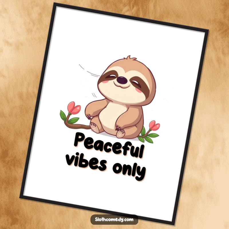 Funny poster depicting a peaceful sloth enjoying a gentle breeze, symbolizing tranquility and calm humor, a beautiful piece of art, a funny gift.