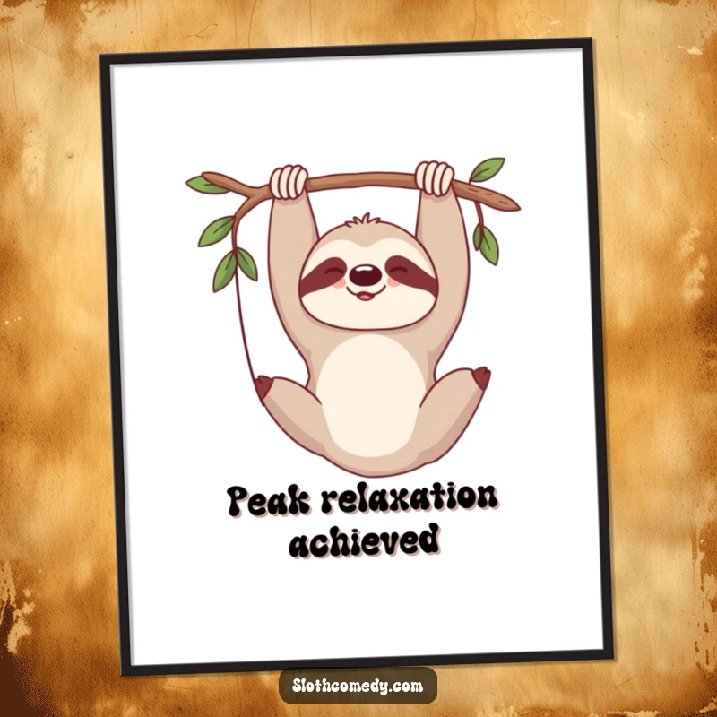 Funny poster depicting a sloth hanging upside down, exhaling a long, contented sigh of relaxation.