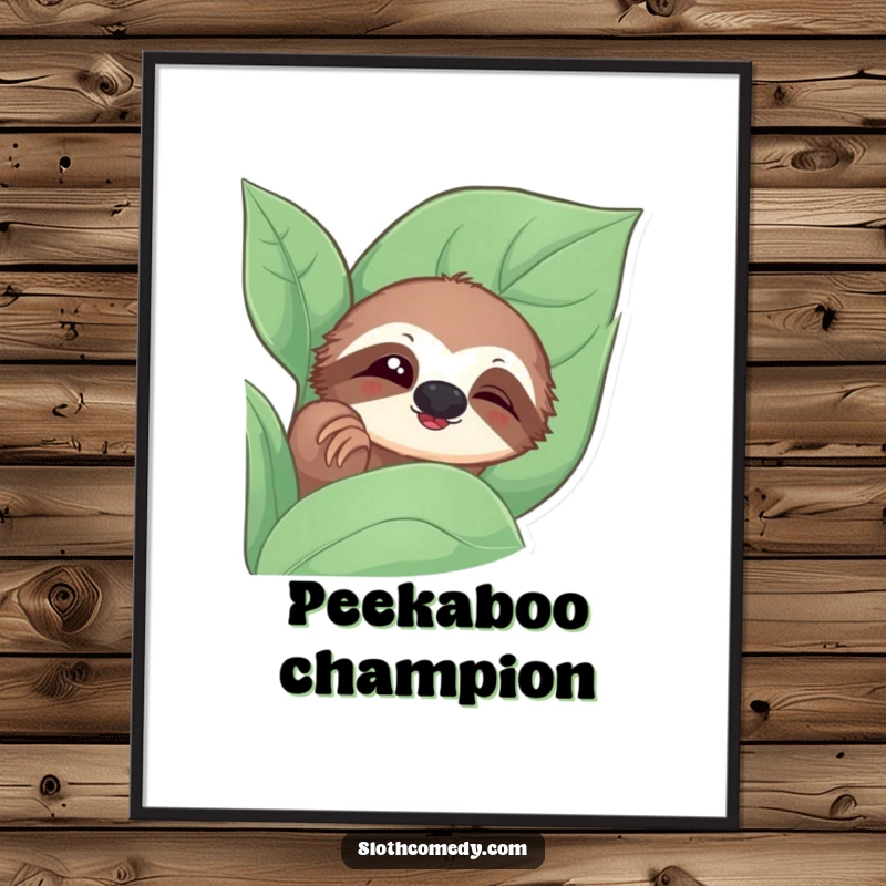 Funny poster of a sloth peeking from a leaf with a slow blink, capturing a moment of shy curiosity.