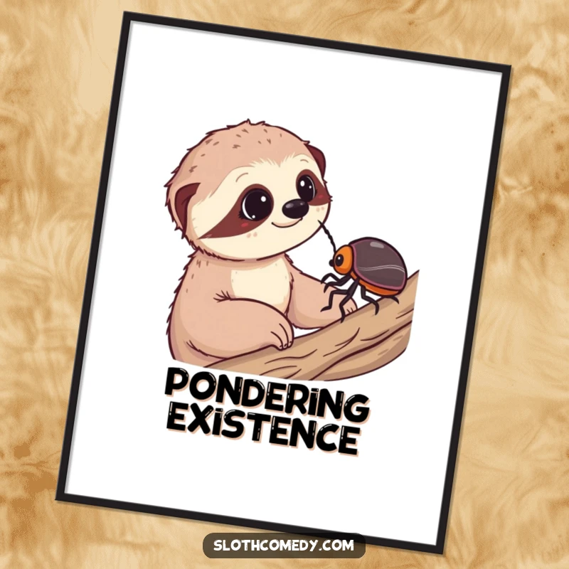 Funny poster depicting a sloth with a look of pure wonder, observing a tiny beetle's slow journey, perfect for wall decor.