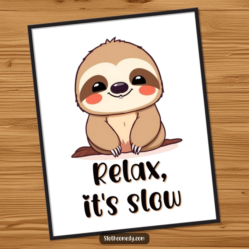 Funny Poster: A sloth with a content smile is depicted in a very slow, peaceful descent, serene wall art.