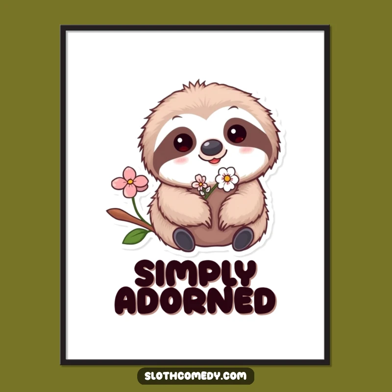 Funny Kawaii Sloth Flower Poster - Cute Sloth Wall Art, Hilarious Gift
