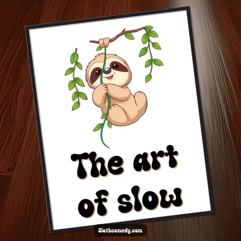 Funny poster print of a cute sloth playfully tangled in a hanging vine, with a peaceful and humorous expression.
