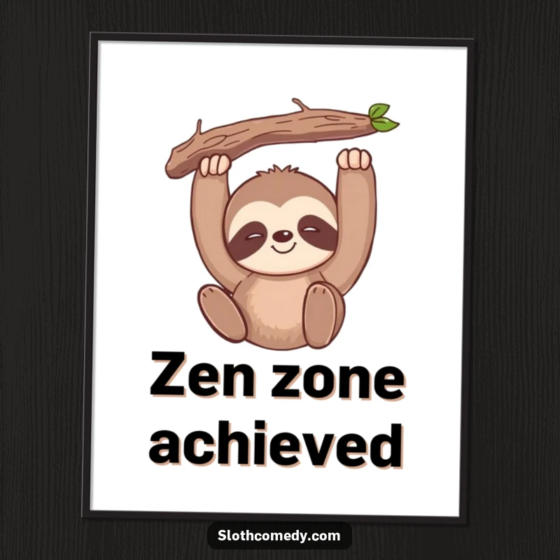 Funny kawaii sloth poster showing a slow-smiling sloth hanging from a branch, bringing a serene and humorous vibe.