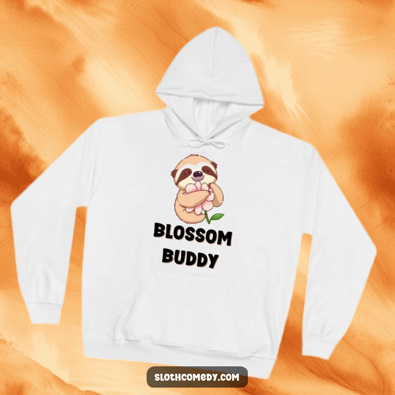 Funny Hoodie showing a sloth’s slow, delightful embrace of a large flower, embodying peaceful joy.