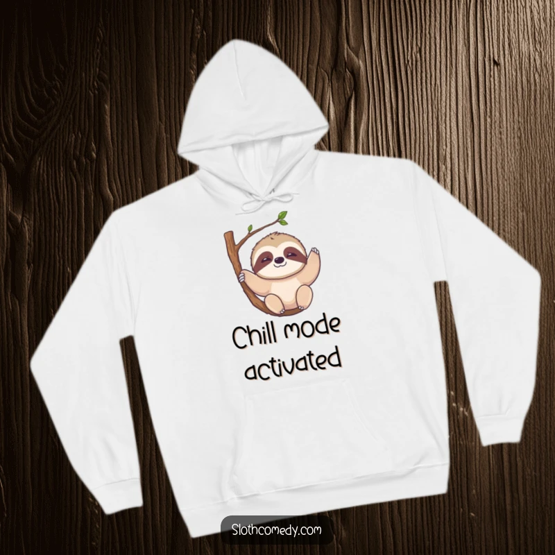Funny Kawaii Sloth Hoodie: A soft, warm hoodie featuring a cute sloth with a slow smile, hanging from a branch, ideal for comfort.