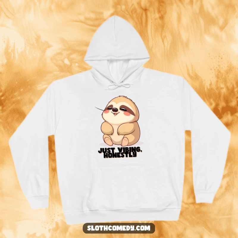 Funny hoodie depicting a chubby sloth with a serene, relaxed expression, enjoying a gentle breeze. A cozy and humorous design for ultimate comfort.