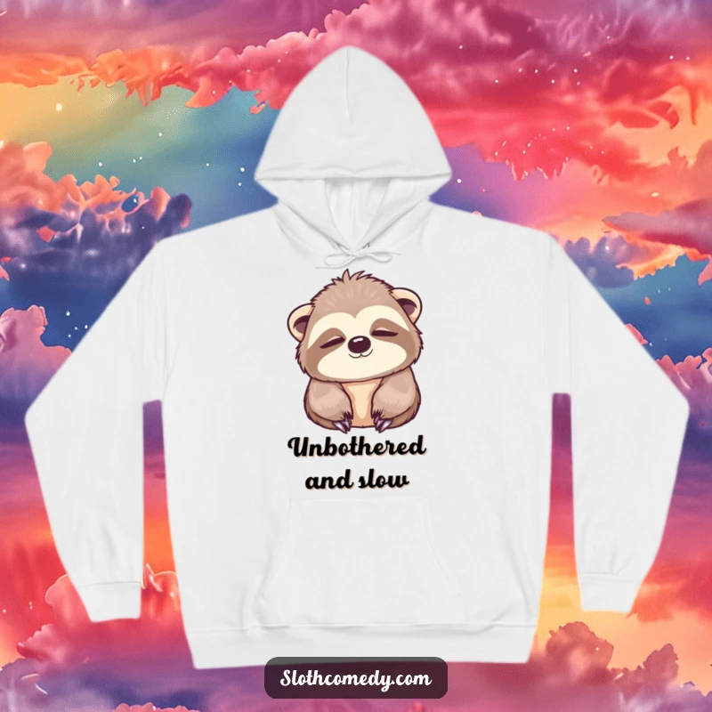 Funny Hoodie showcasing a kawaii sloth slowly blinking with wide, peaceful eyes, offering supreme comfort and a tranquil feel.