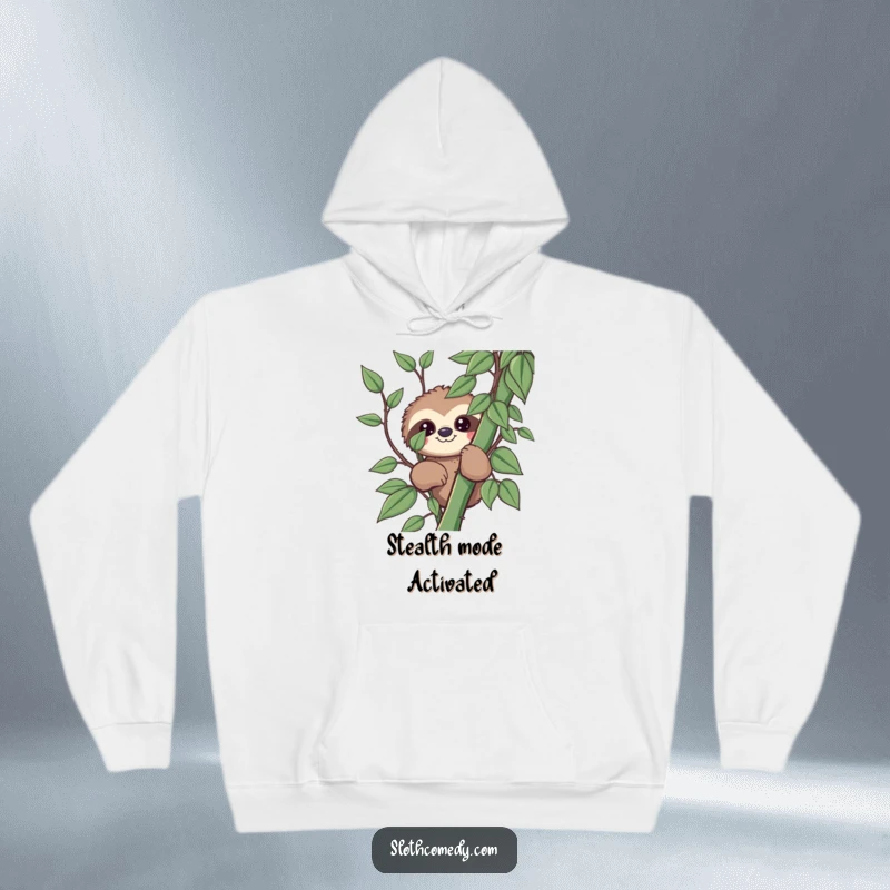 Funny kawaii sloth hoodie with a sloth peeking from behind a vine, offering cozy comfort and playful humor.