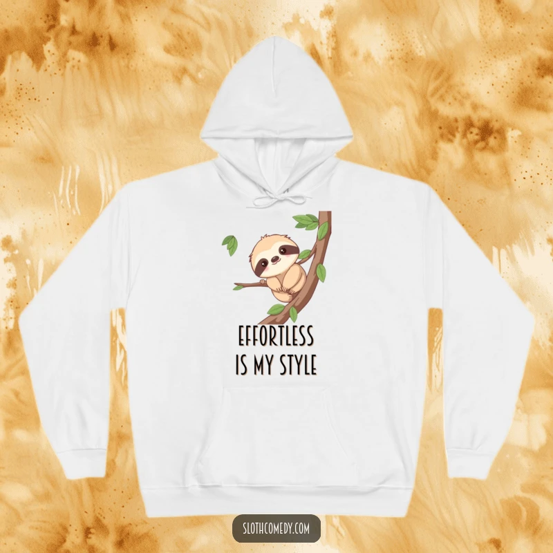 Funny hoodie depicting a cute sloth character inching along a branch with visible effort but a gentle, encouraging smile. A cozy and humorous design.